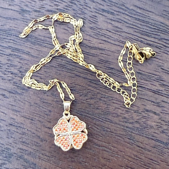 Pave set orange crystal gold plated stainless steel clover pendant and chain - Picture 5 of 8
